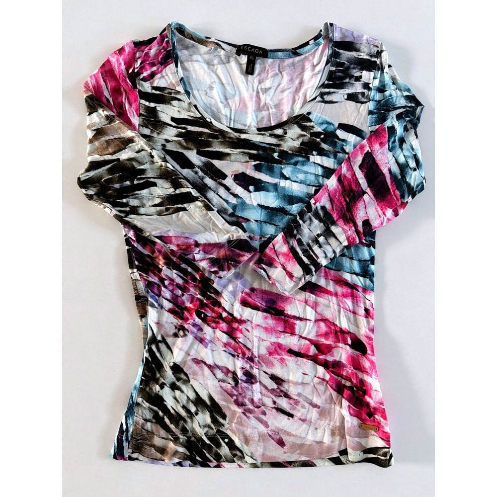Escada Womens Abstract Brushstroke Print Long Sleeve Scoop Neck Top XS Magenta